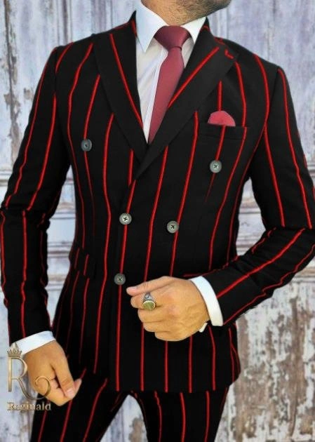 Costume années 20: Élégance fatale, rayures audacieuses, un gangster chic en noir et rouge.