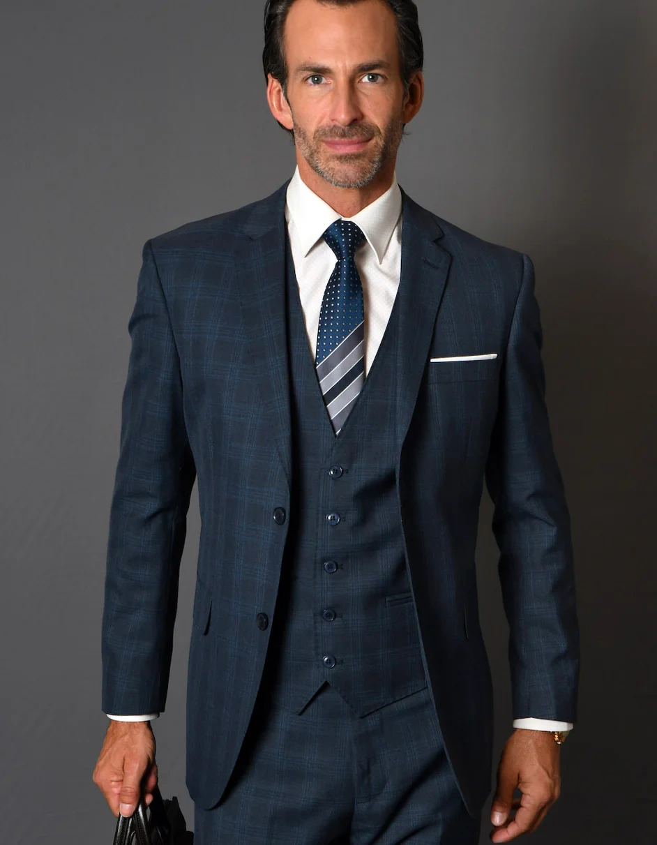 Costume en laine 100% pour homme: gilet et costume à carreaux bleu marine. Élégance et business, pur laine!